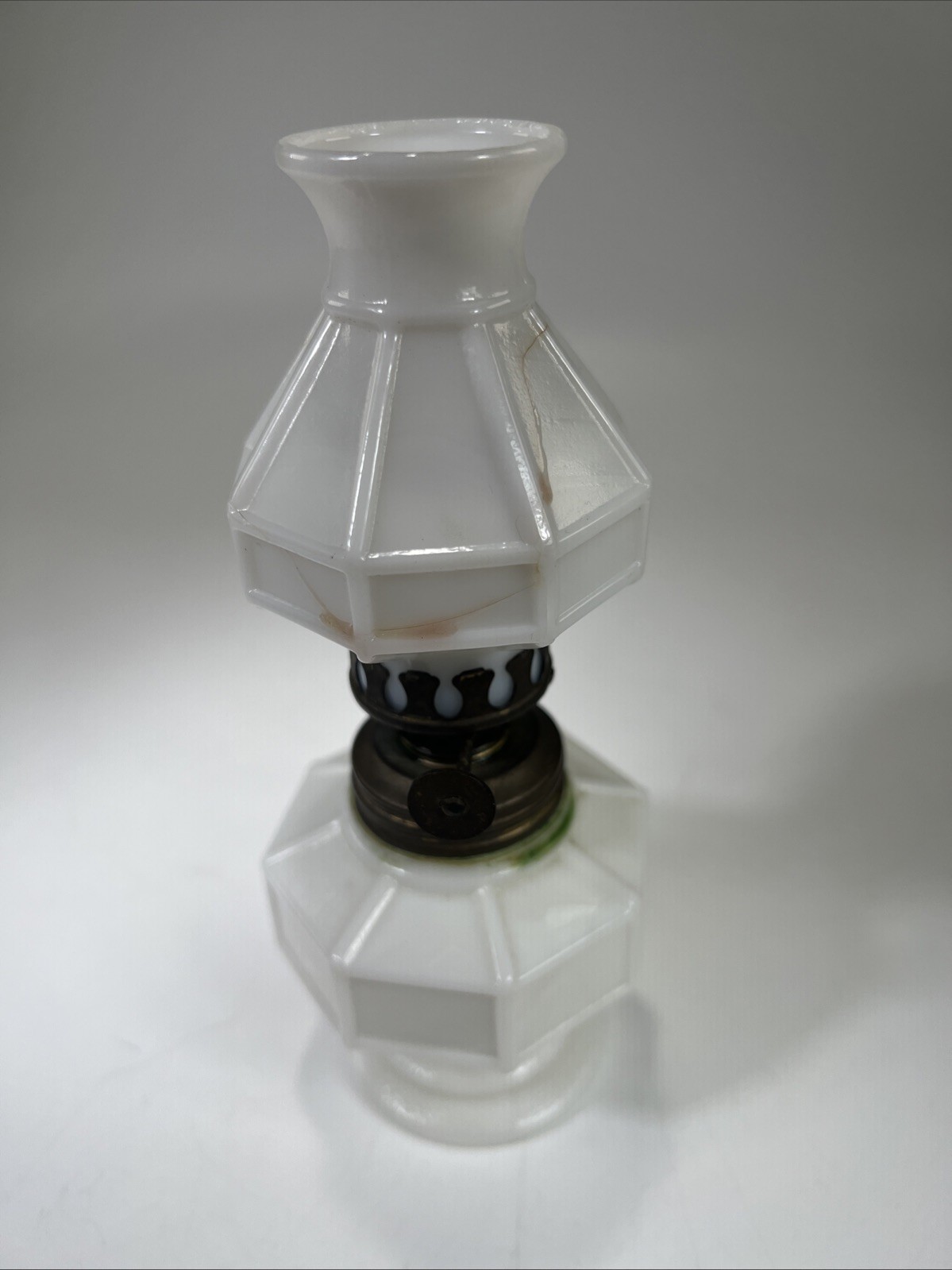 Vintage Miniature Oil Lamp Smith Milk Glass Mission Block Pattern 6.75” Damaged