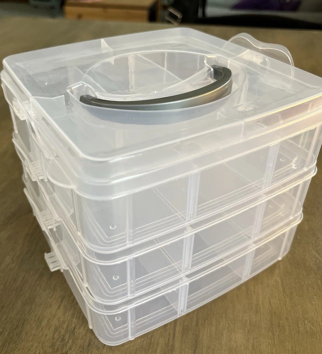 Stackable Storage Container, Coear Plastic, 6 Compartments, Square, 8x8x6 in