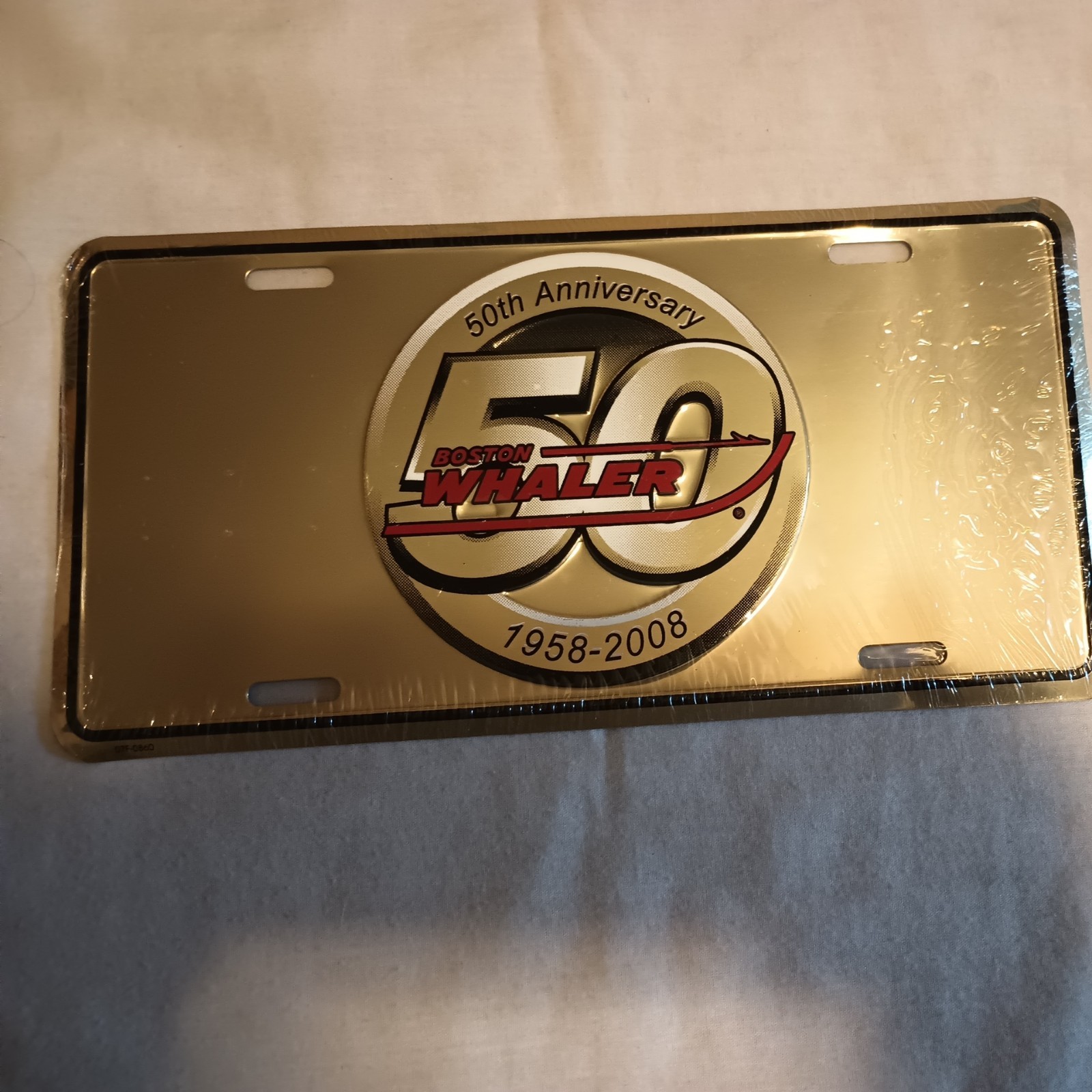BOSTON WHALER LICENSE PLATE - GLOSS METAL WITH 50th Anniversary PRINT - NICE !
