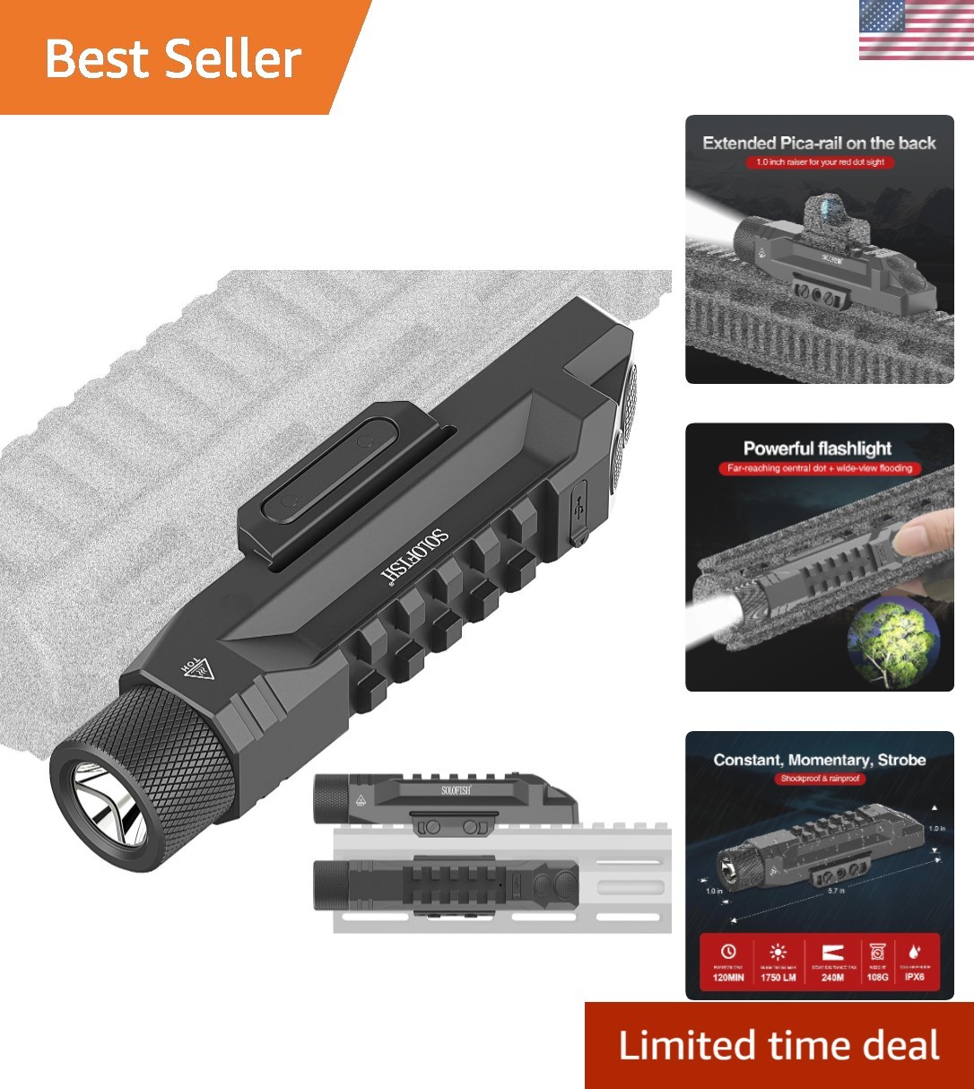 1750 Lumens Tactical Flashlight is Compatible with Picatinny/Mlok Rail for Ri...