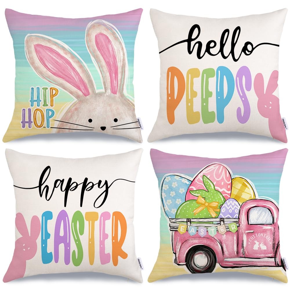 GEEORY Happy Easter Pillow Covers 18x18 18" x (Pack of 4), Multi Bunnies