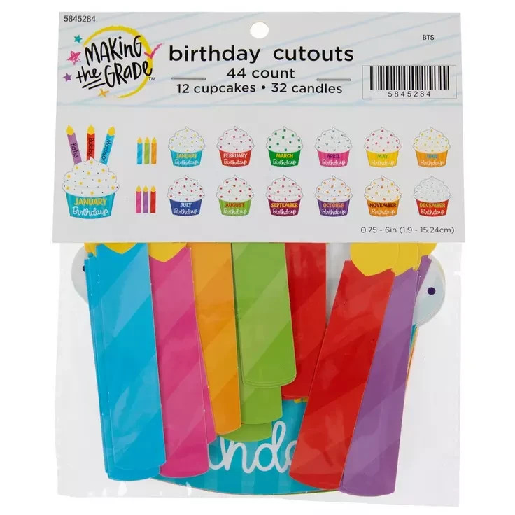 NEW Pack of 44 Birthday Cutouts for Classroom 12 Cupcakes (ea month) 32 Candles