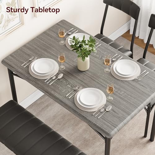 Dining Table Set for 4, Kitchen Table and 2 Chairs with Bench Rustic Gray