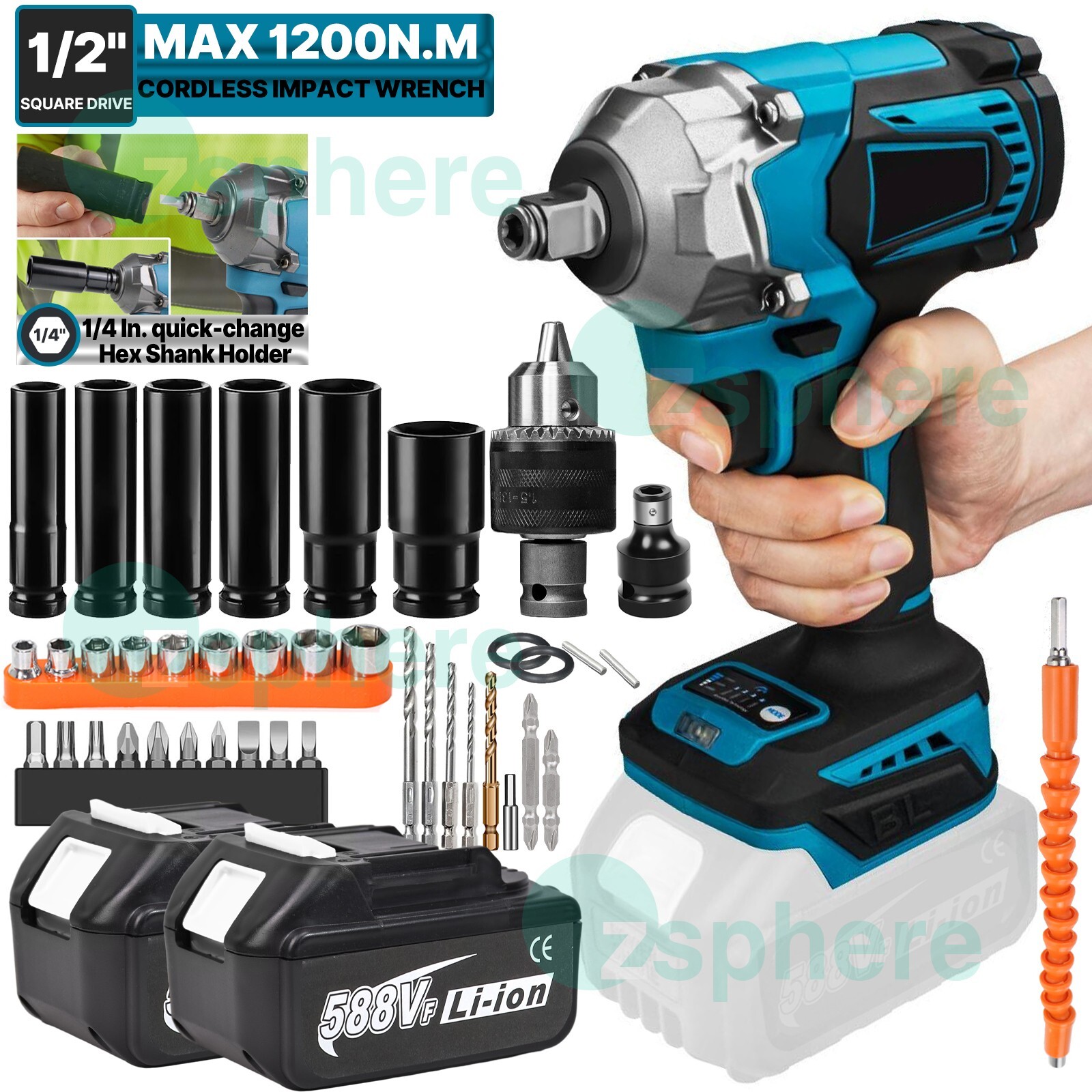 Cordless Impact Wrench 1/2" 1200Nm High Torque Brushless Drill w/ 2 Batteries