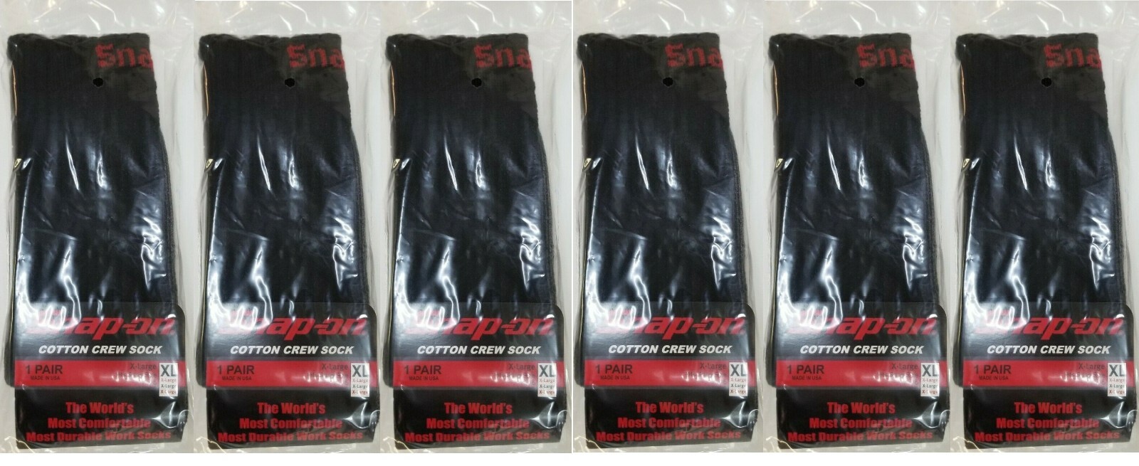 6 PAIRS Snap-On Crew Socks Men's BLACK X-LARGE *FREE SHIPPING* MADE IN USA *NEW*