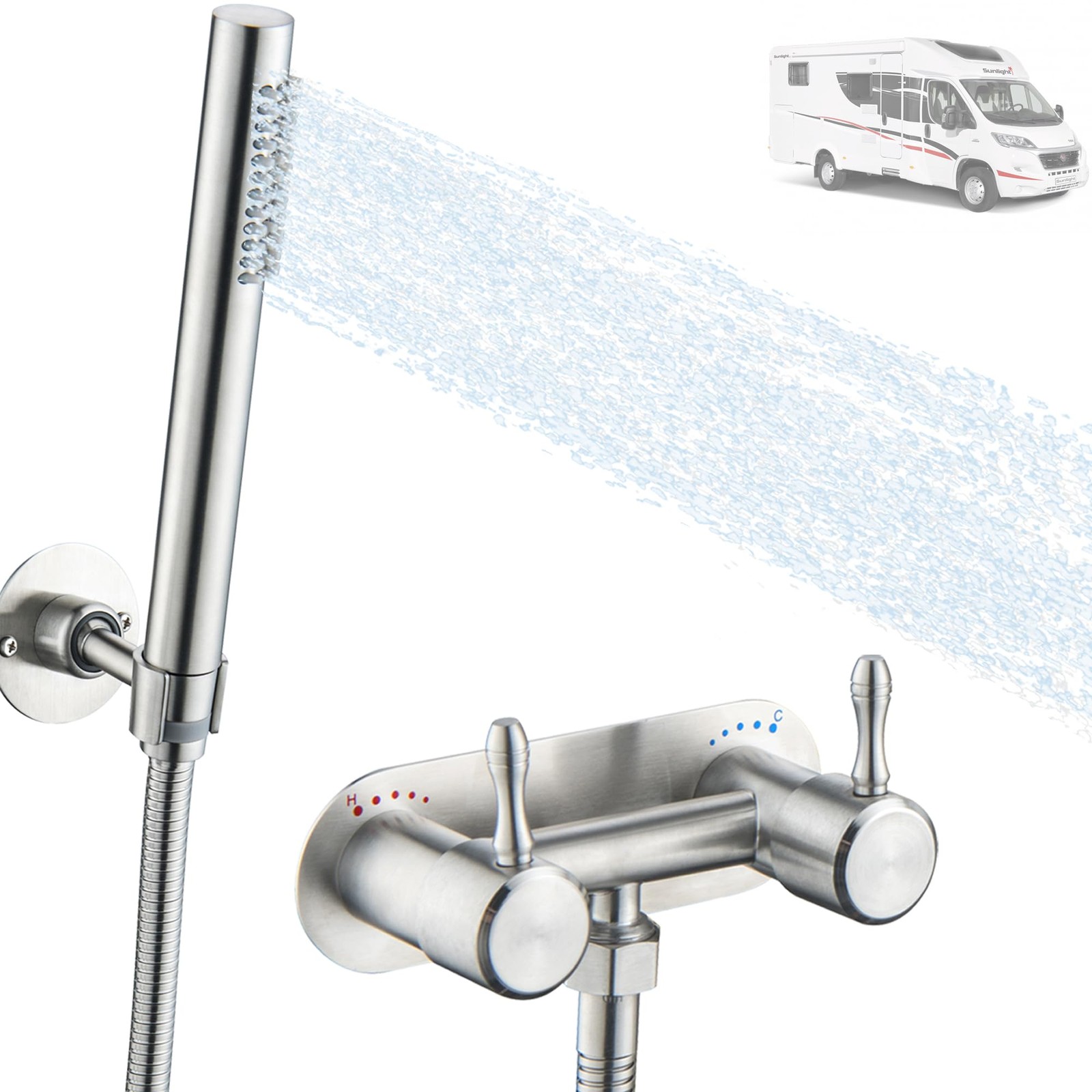 4 Inch RV Shower Faucet Set with Hose & Head - Brushed Nickel for Trailers