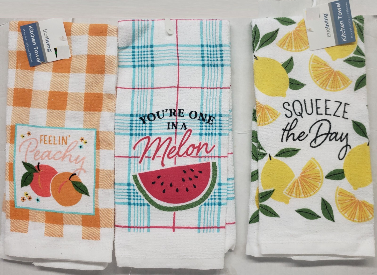 Set of 3 Different Cotton Towels (14"x24") FRUITS & INSPIRATIONAL PHRASES, TL