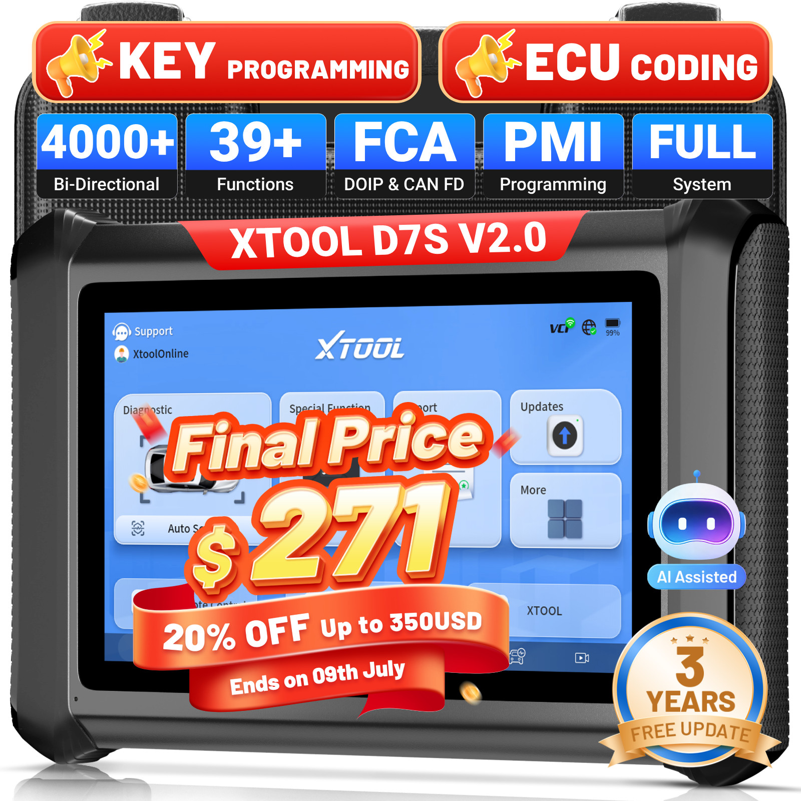 XTOOL D7S V2.0 Bidirectional OBD2 Scanner All Diagnostic Tool Key Programmer FCA