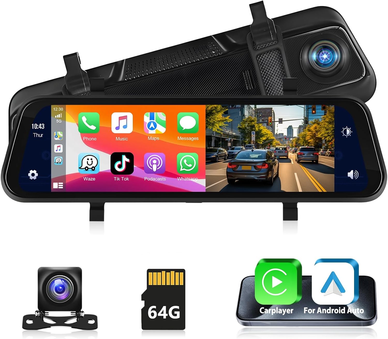 9.66" Dash Cam Rearview Mirror Monitor Wireless CarPlay Dual Front Rear Camera