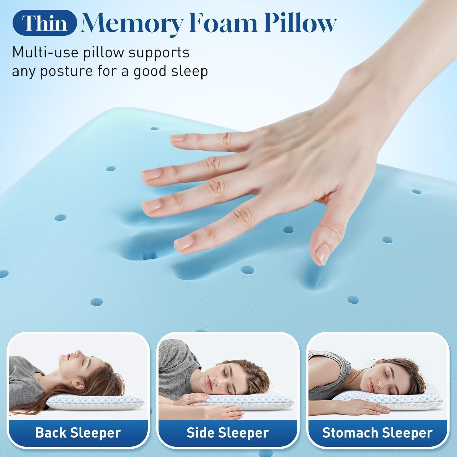 CloudBliss Thin Memory Foam Pillows, Reversible Design, 2.75", Queen