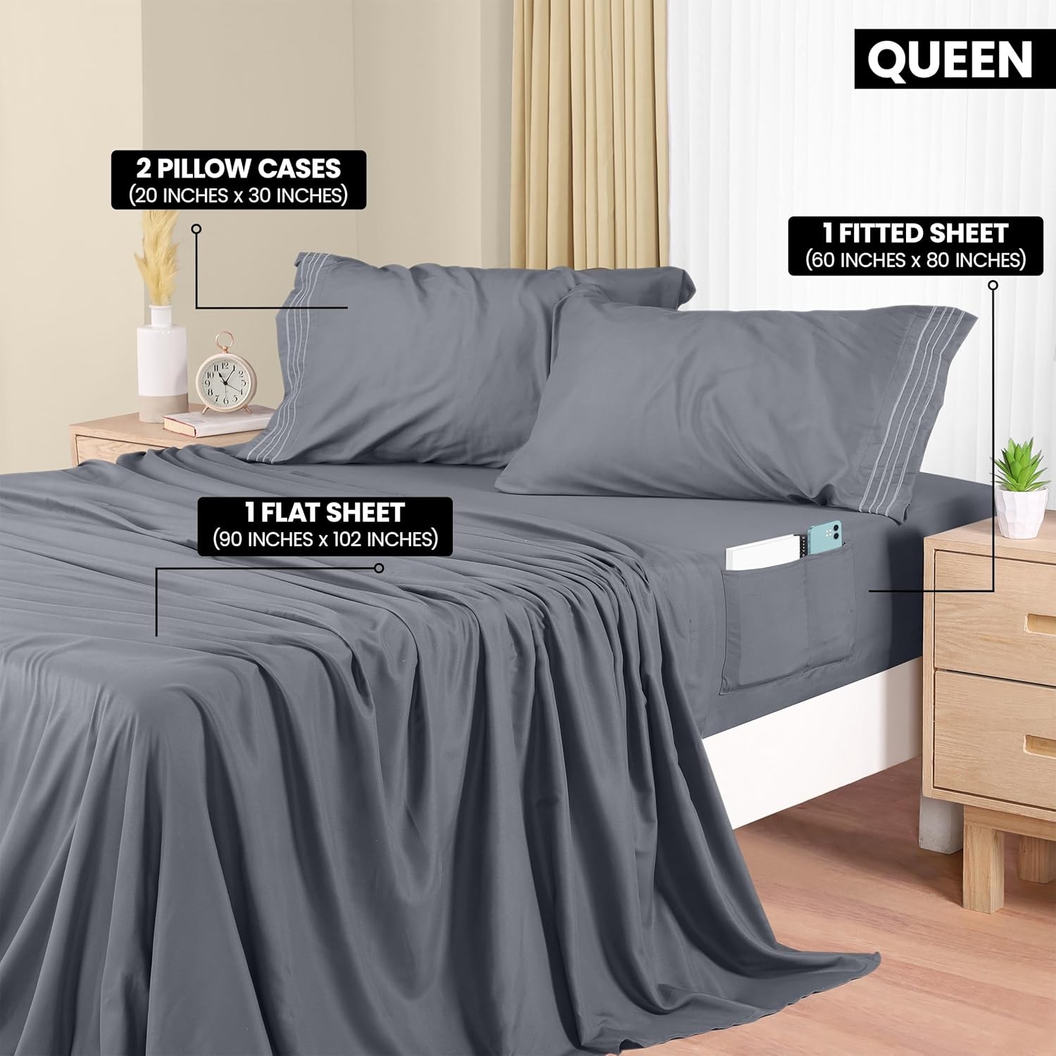 Bedding Queen Sheet Set, Soft Microfiber 4 Piece Hotel Luxury Bed Sheets