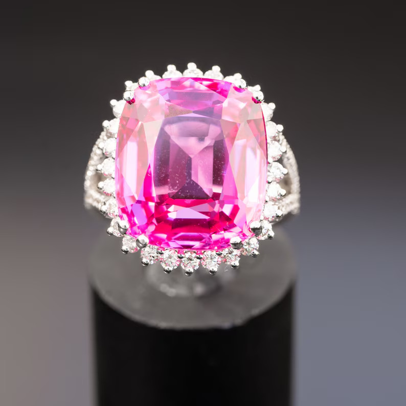 12.70Ct Real Natural Pink Sapphire Diamond Engagement Ring 14K White Gold Size 8