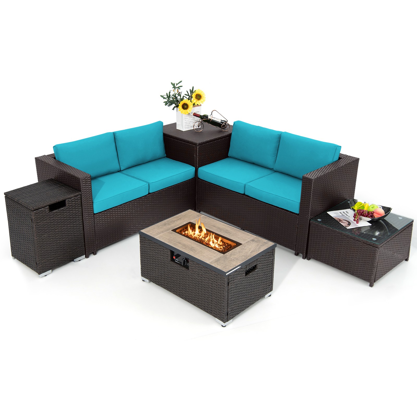 Patio 6PCS Rattan Furniture Set 32" Fire Pit Table Tank Holder W/Cover Turquoise