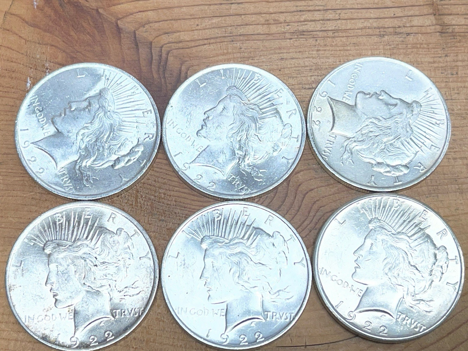 Lot Of Six 1922 Philadelphia Peace Silver Dollars AU Or Better (lot1)