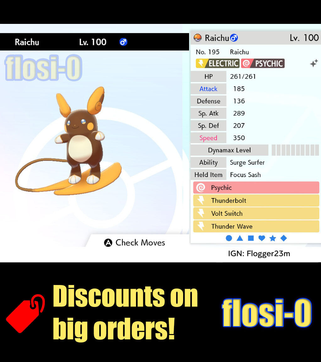6IV Ultra Shiny Raichu Alola or Kanto Pokemon Sword and Shield (Square Shiny)