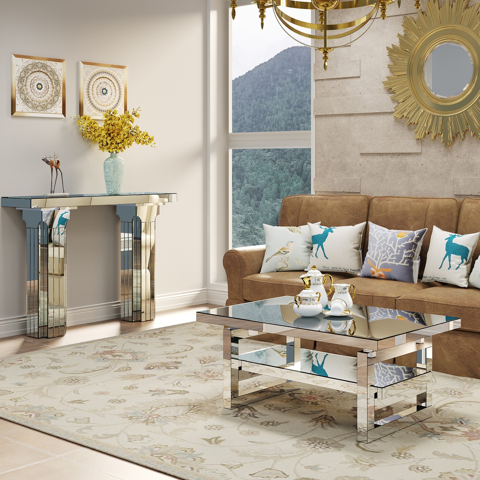 Mirrored Console Table Wide Bling Silver Mirror Entryway Desk Modern Rectangle S