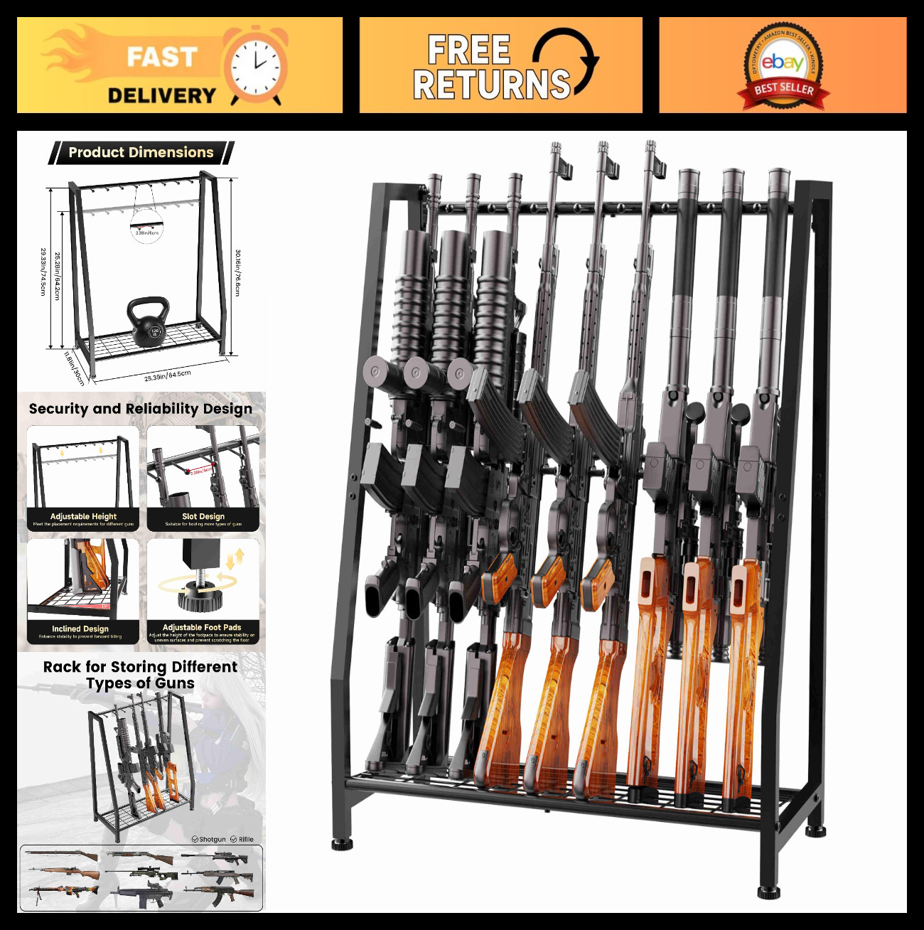 Heavy Duty Floor Gun Rack for 9 Long Guns - Adjustable Metal Rifle Stand, Indoor
