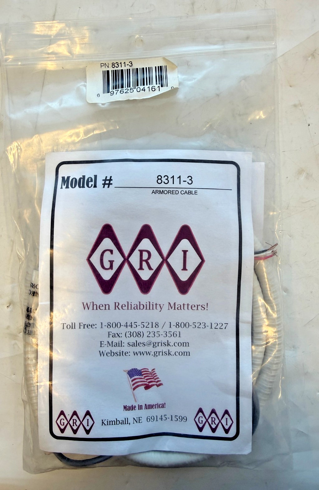 GRI 8311-3 3' #8278 Coated Armored Cable, One Female Connector