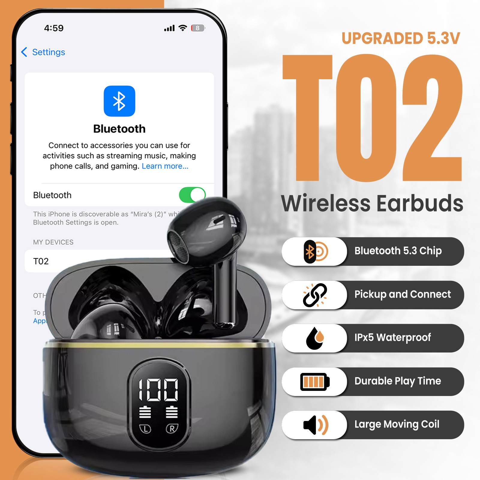 Bluetooth 5.3 Wireless Earbuds LED Display HiFi Sound IPX5 Waterproof Type-C