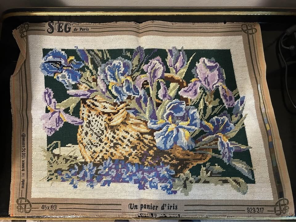 Completed tapestry needlepoint irises 50 cm x 36 cm MP