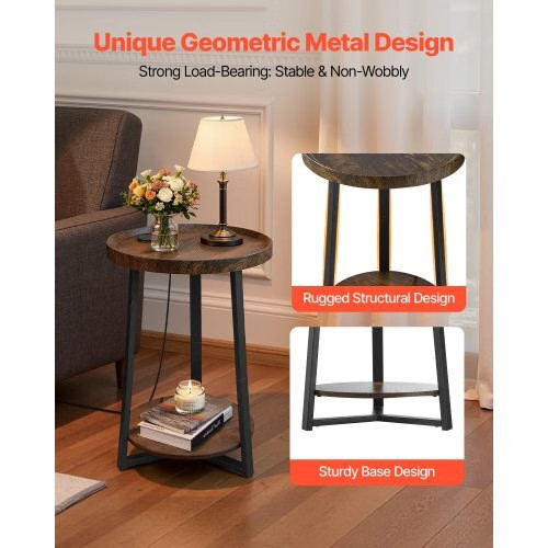 End Table, 2-Tier Round Side Table with Open Storage Shelves, Modern Nightstand