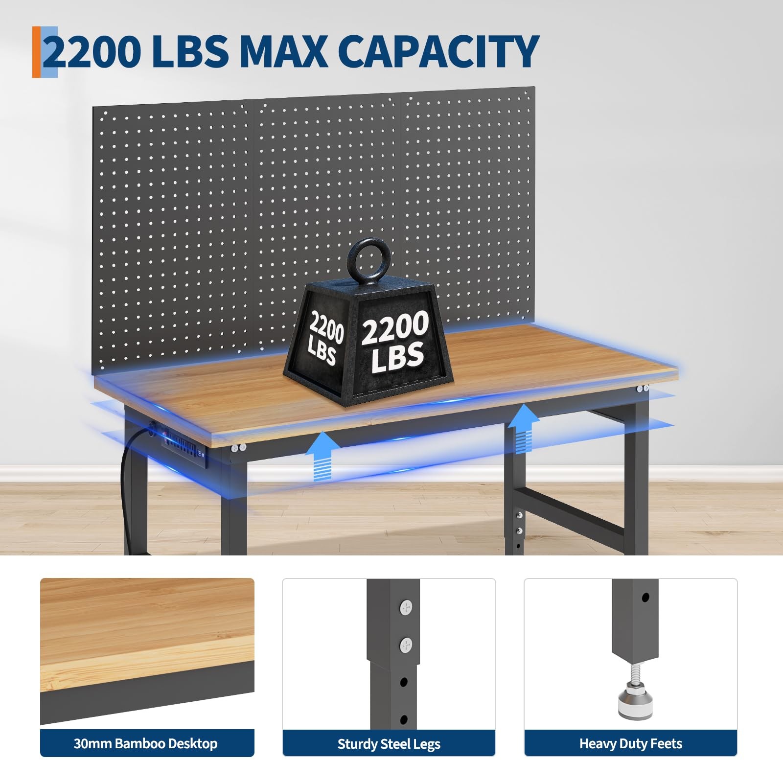 48" Workbench with Pegboard Wall,2000lbs Garage Table, 28-40" Adjustable Height