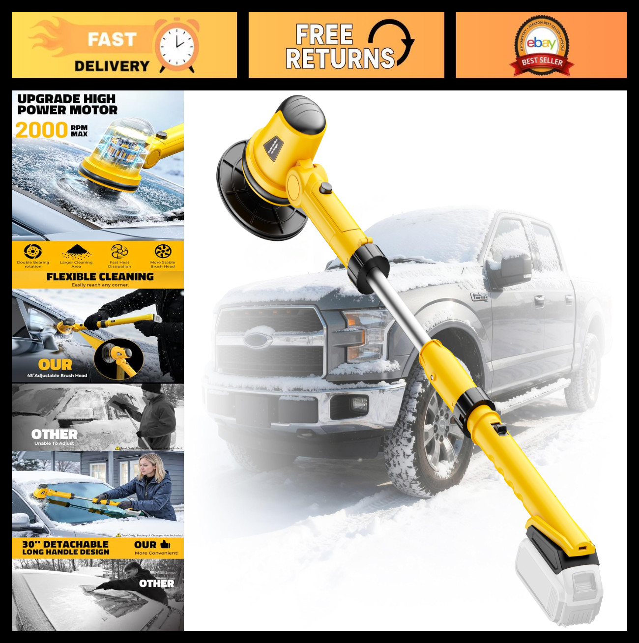 High-Speed Electric Ice Scraper for Car Windows, 30" Adjustable Handle, 2000RPM
