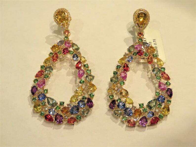 Rare Gorgeous 925 Yellow Gold Over Silver Multi Rainbow Sapphire 25.CT Earrings