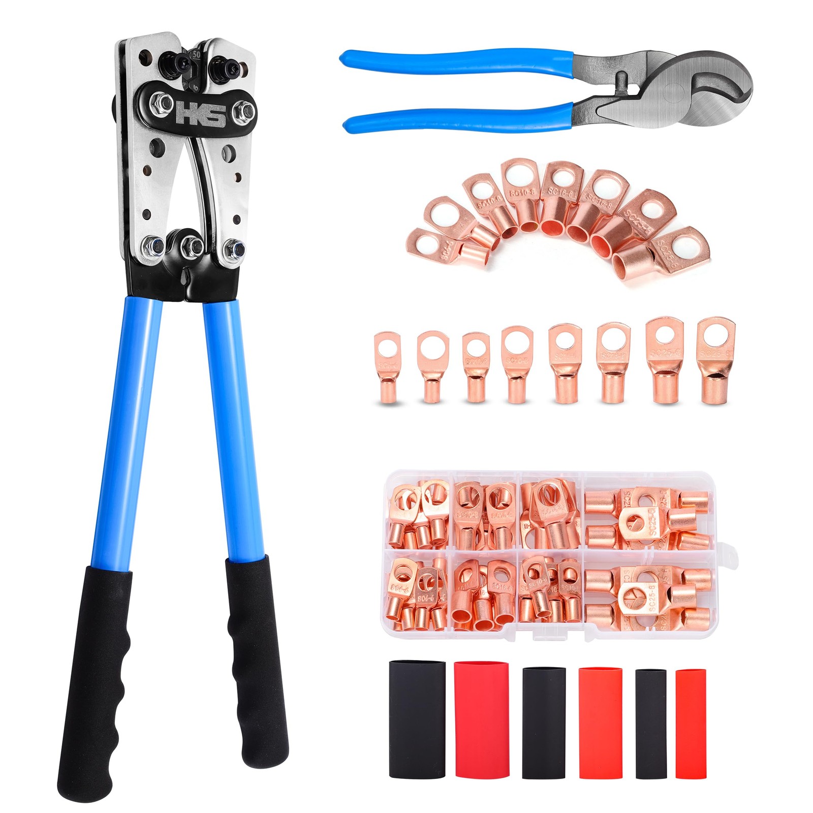Heavy Duty Battery Cable Crimper Tool 101 AWG Wire Terminals Heat Shrink Kit