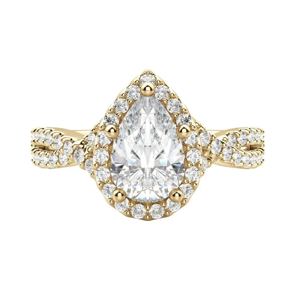 Pear Cut 2.50 Ct White Moissanite Halo Wedding Ring 14K Yellow Gold Finish