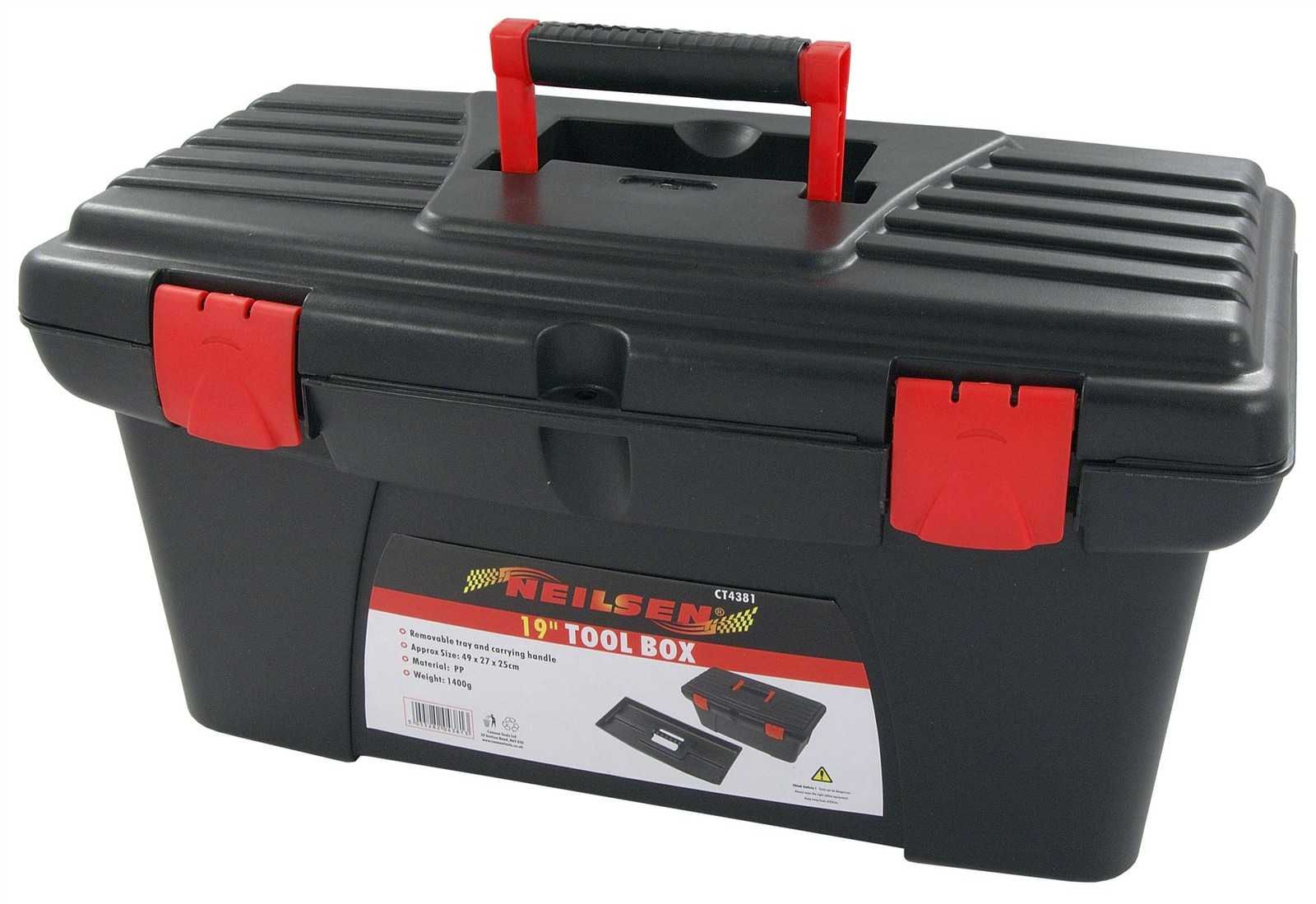 19in Plastic Portable Tool Box Storage Case Removable Tray Carry Handle