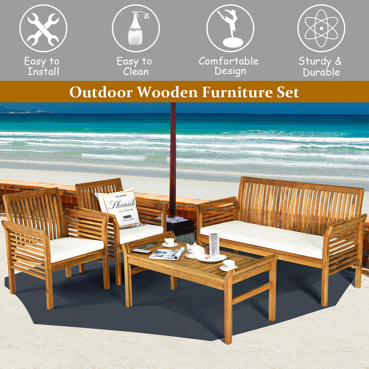 Topbuy 8 PCS Patio Acacia Wood Sofa Set Table Chairs W/ Beige Cushions
