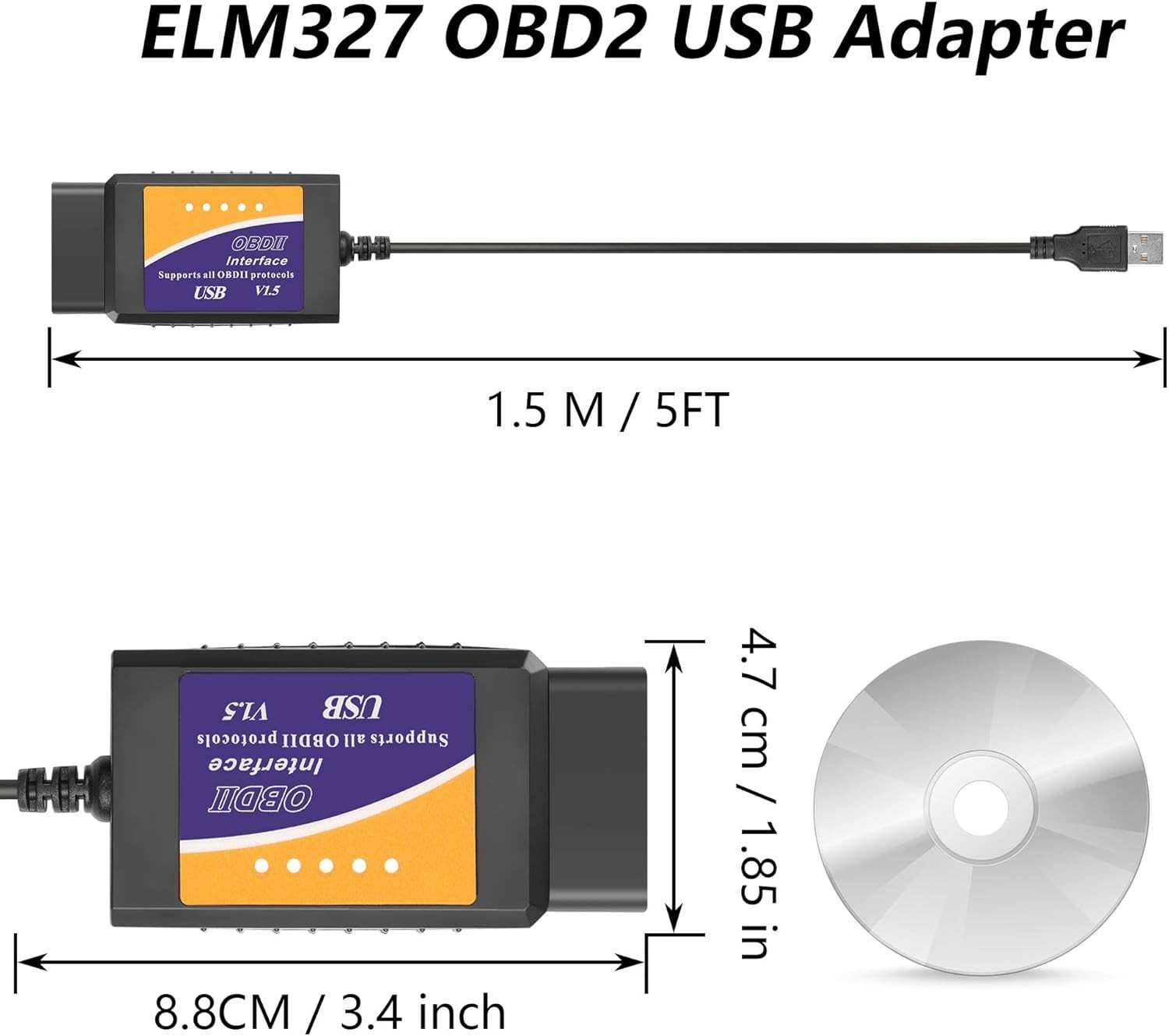 ELM327 OBD2 USB Adapter OBD2 to USB Scanner Adapter OBDII Diagnostic Cable