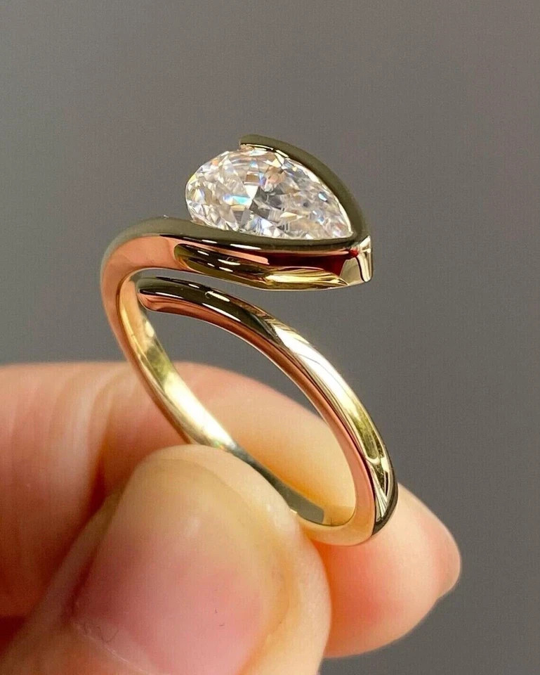Bezel Setting Pear Cut 2.10 Ct Moissanite Engagement Wedding Ring