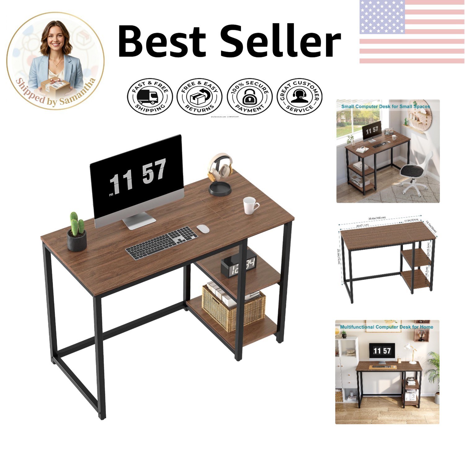 Rustic 40" Writing Desk with Portable 2-Tier Storage for Easy Organization