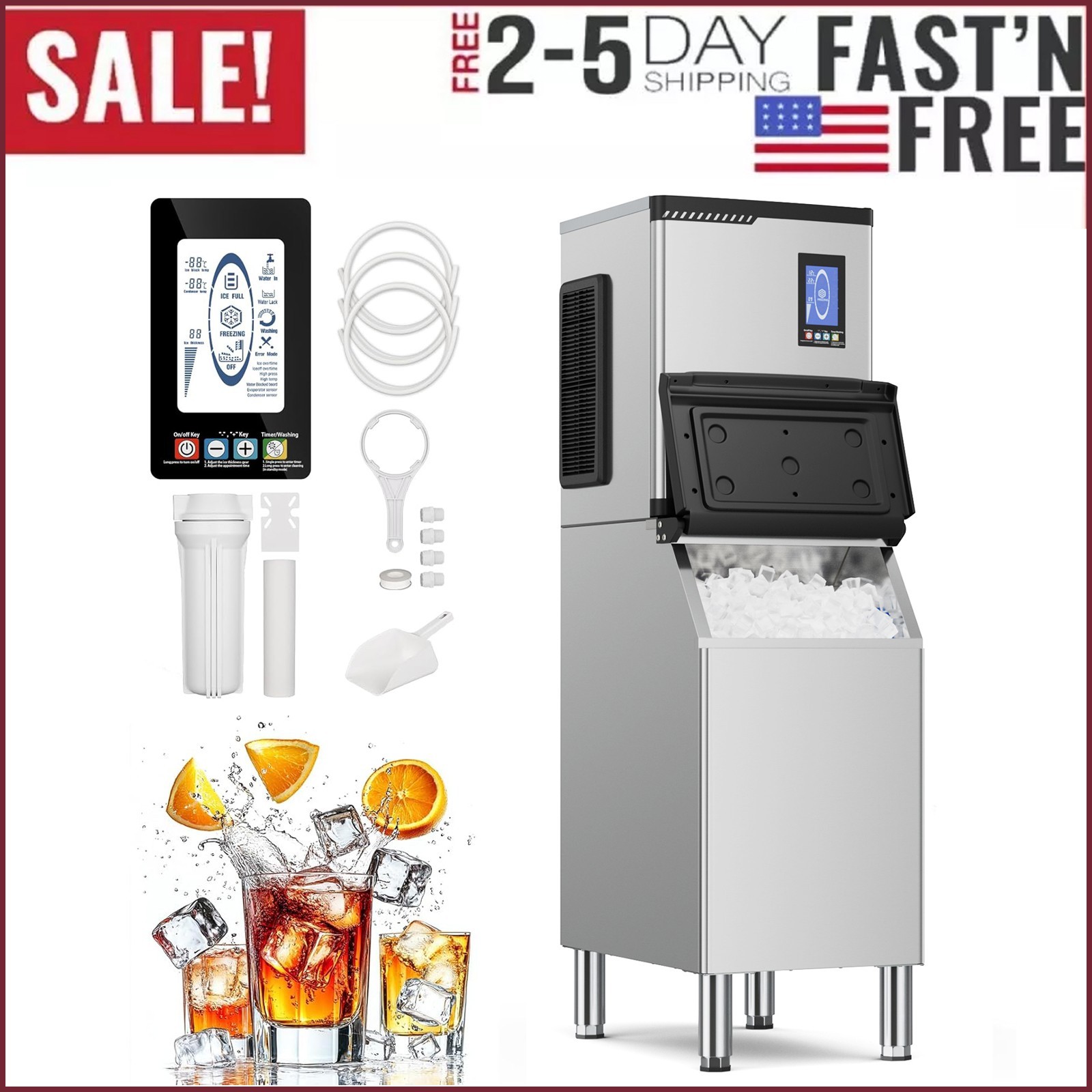 Commercial Ice Maker Machine, 700 LBS/24h Ice Machine Large 400 LBS Storage Bin