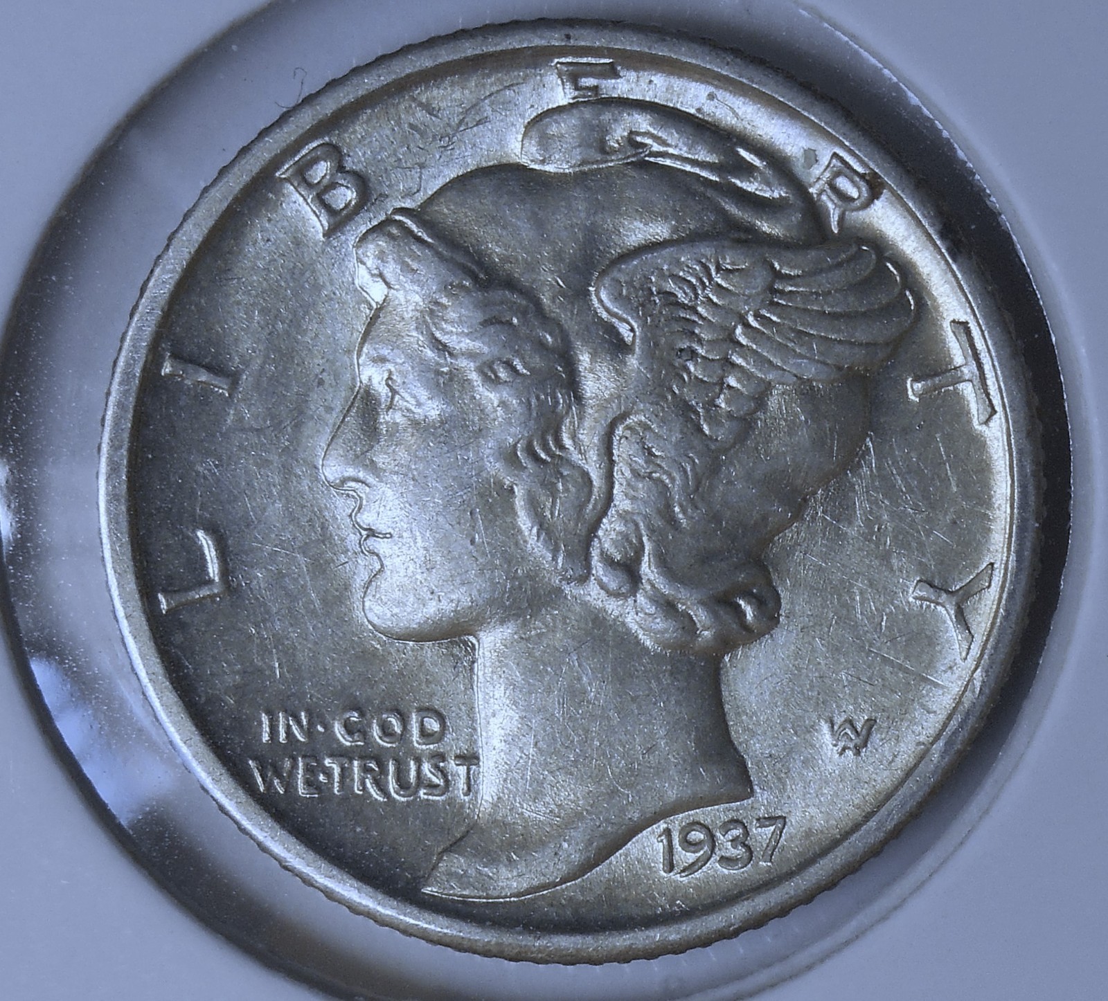 1937-d . . Mercury Dime . . AU . Almost Uncirculated . Silver .