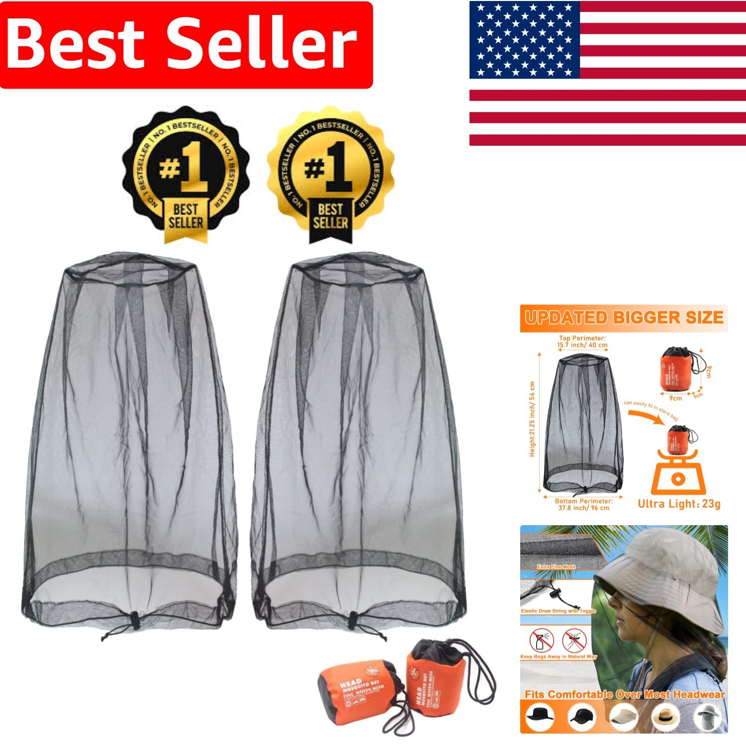 2-Pack Durable Mosquito Head Net - Breathable Bug Protection for Outdoor Lovers