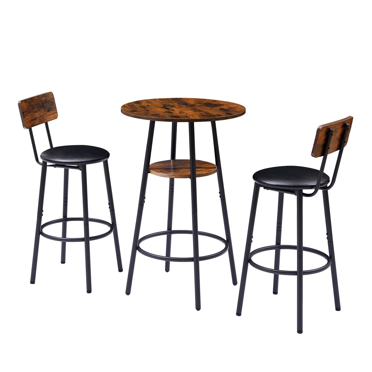 Round Bar Stool Set with Shelf Upholstered Stool with Backrest Rustic Brown