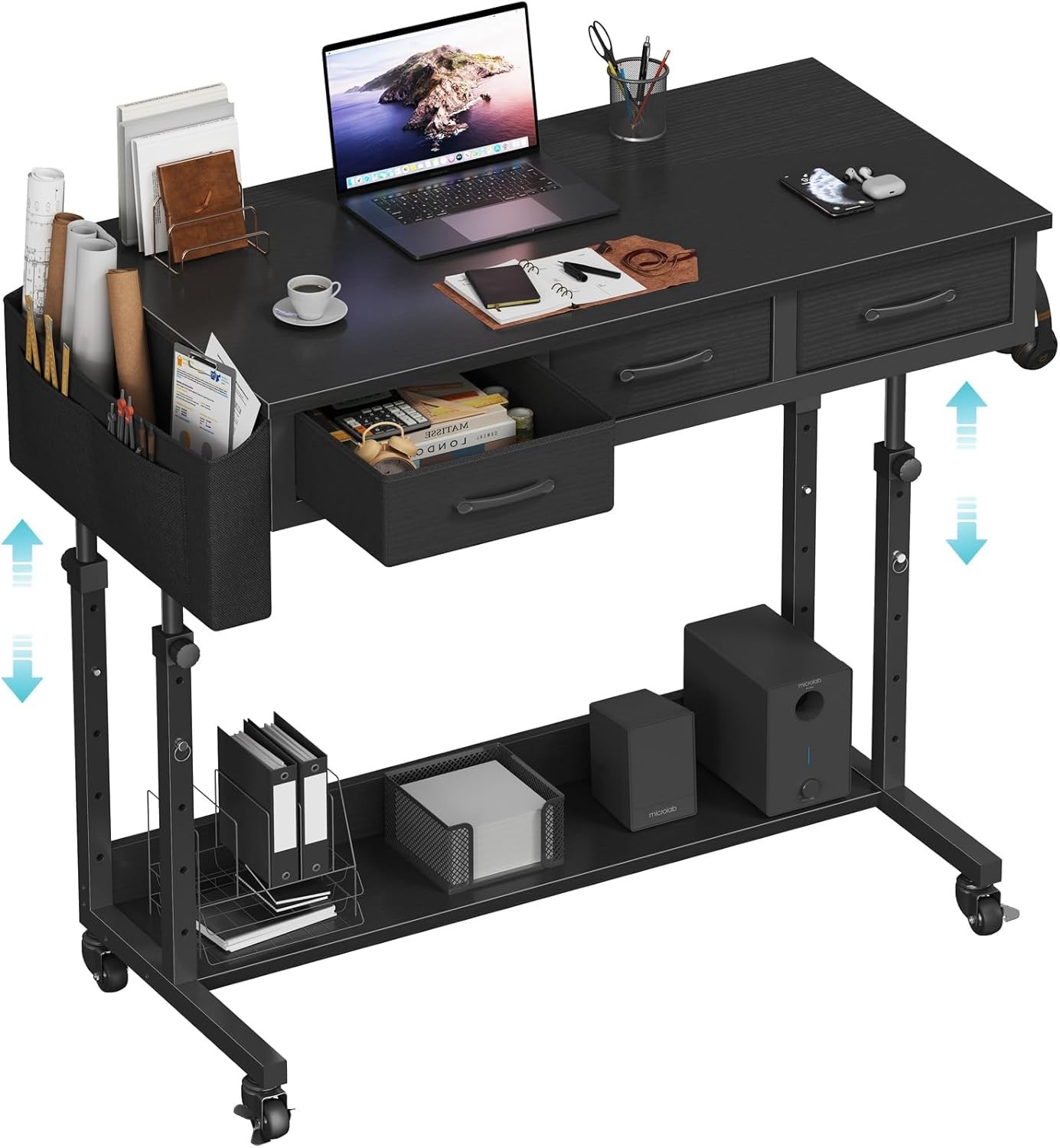 Rolling Standing Desk Adjustable Height W/ Drawers 40 Inch Mobile Stand Up Desk