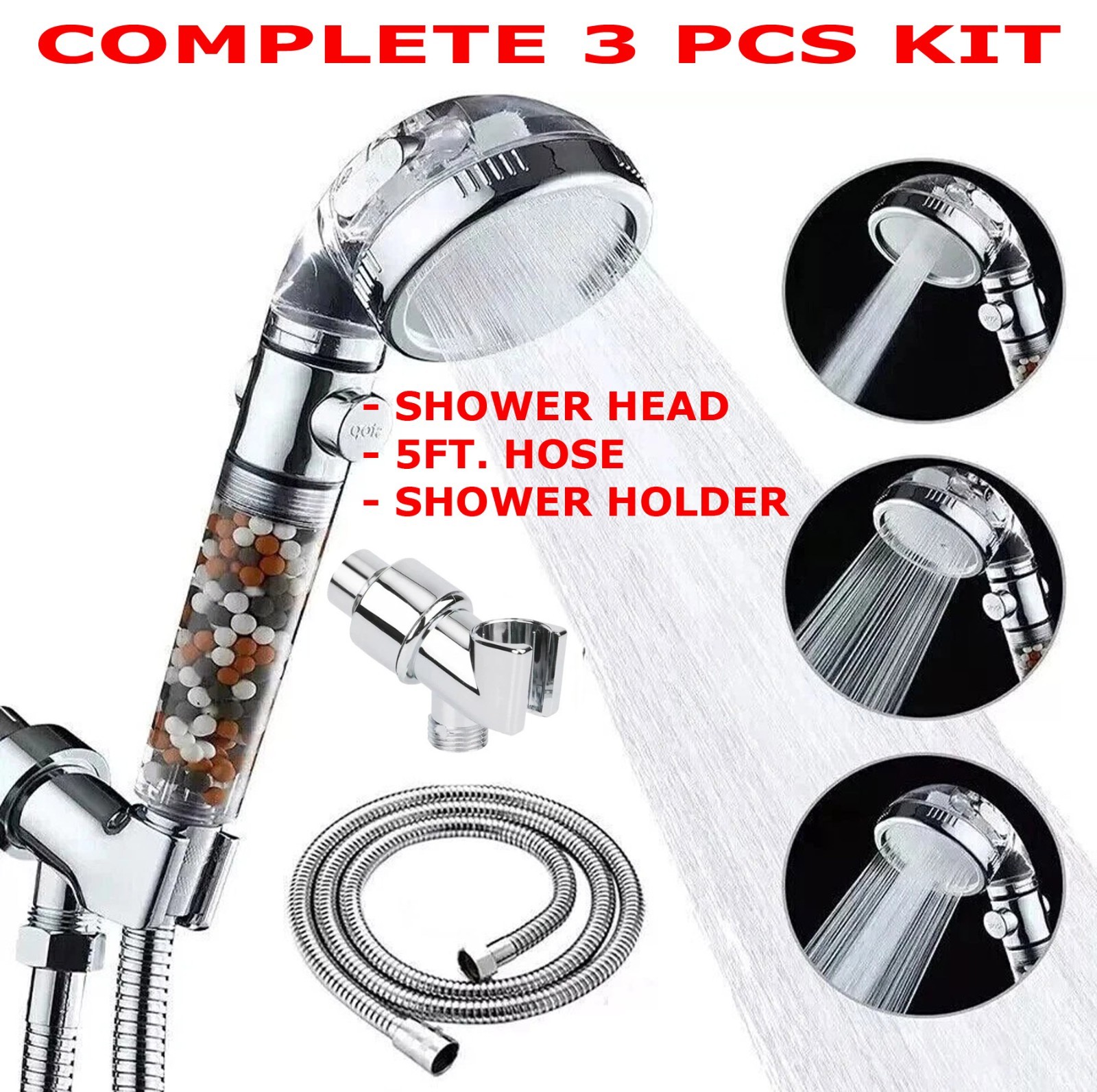 High Pressure Shower Head 3 Settings Handheld Shower Spray With 5 FT Hose Holder