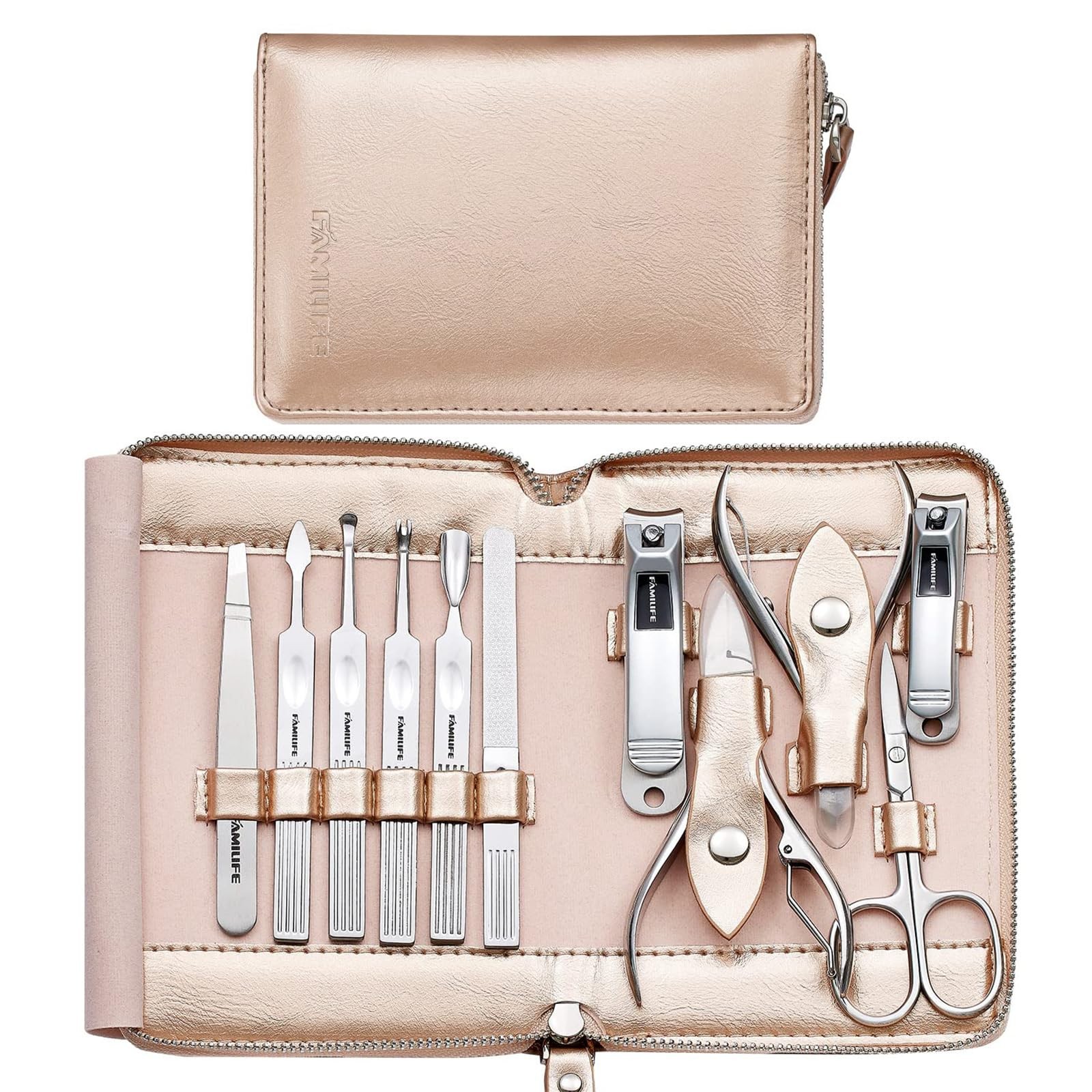 FAMILIFE Stainless Steel Manicure Set 11-in-1 Professional Nail Clipper Gold