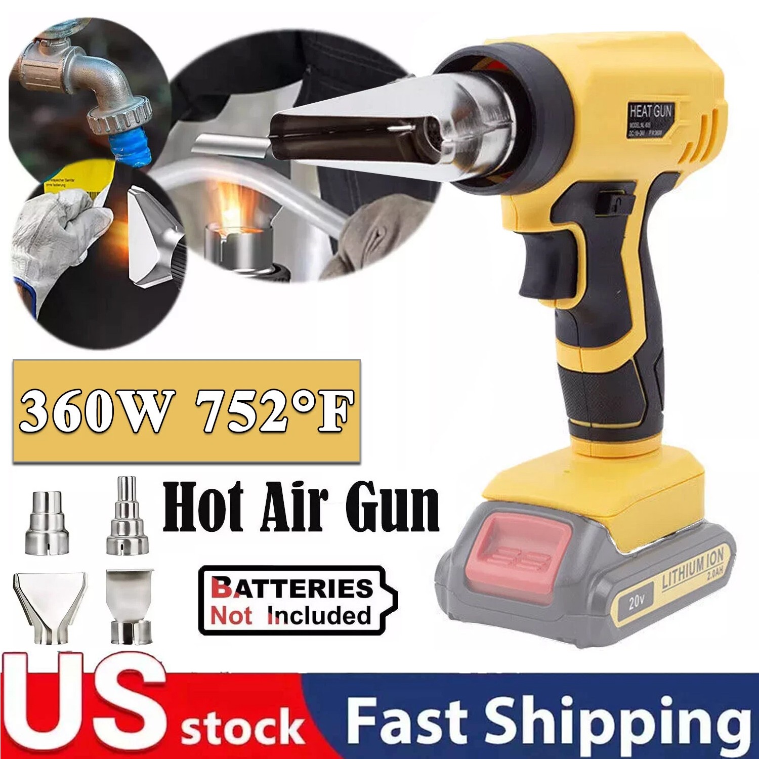 Heat Gun Hot Air Gun For Dewalt 20V Battery Power Heater Tools 360W +4Nozzles