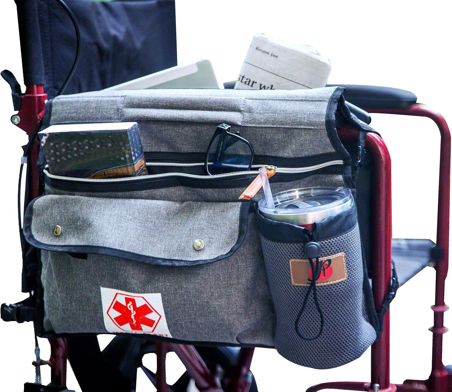 Pf Wheelchair Side Pouch Bag(Double-Side) with Cup and Phone Holder for Manual,