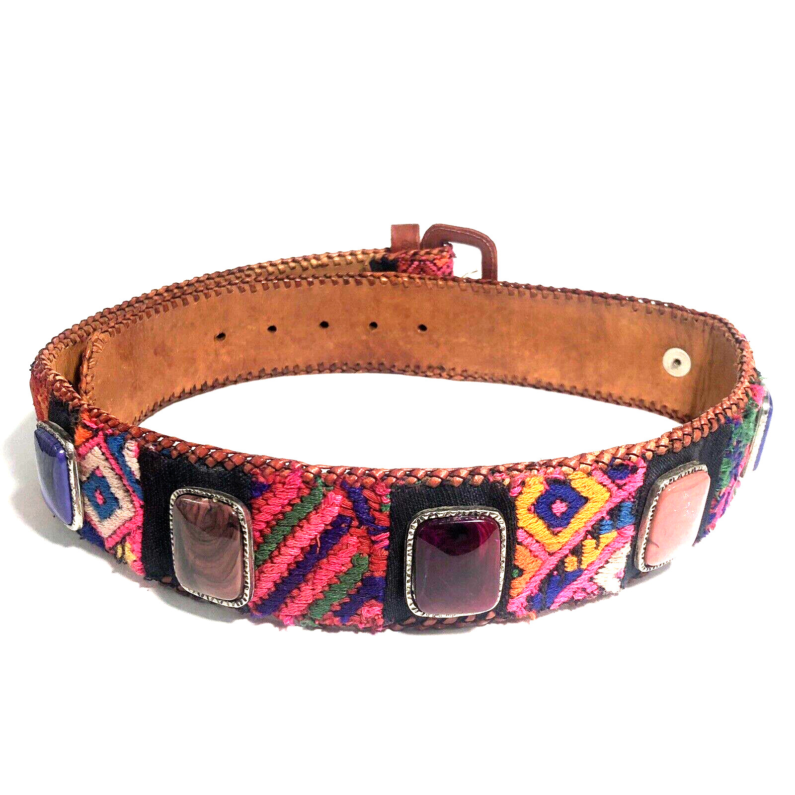Vintage Guatemalan Belt Mayan Designs Handmade Woven 8 Faux Stones 28" to 32"