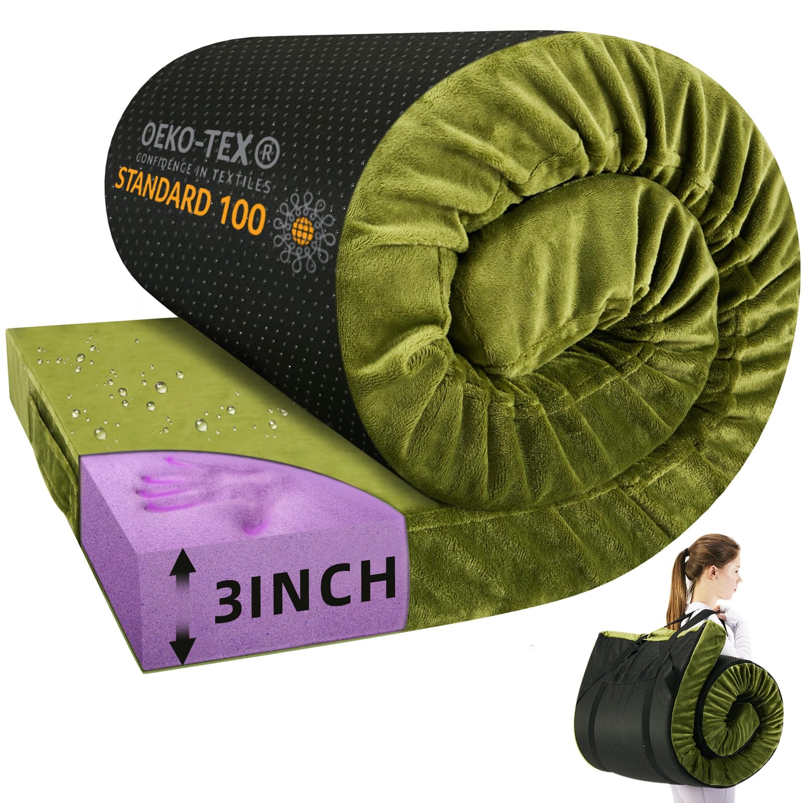 BDEUS Memory Foam Camping Mattress Pad 3inch Cot Size Waterproof Roll Up Bed ...
