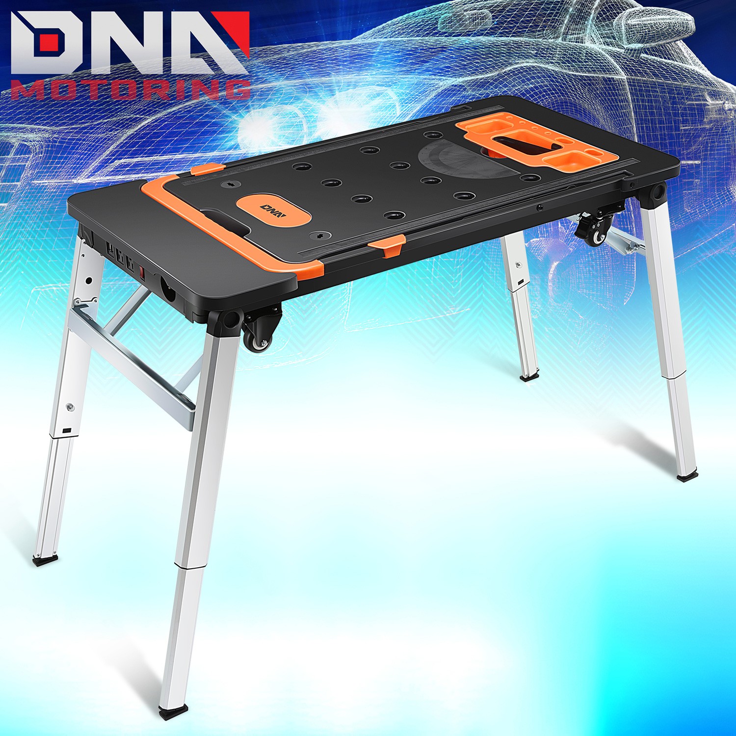 220 LBS 7-In-1 Multifunctioanl Adjustable Foldable Work Bench w/ 4 Wheels Orange
