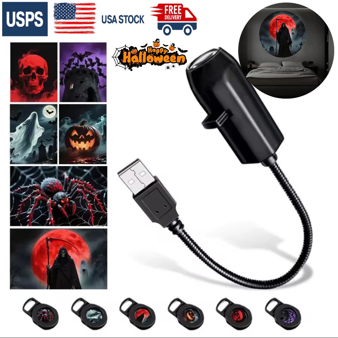 Halloween Projector Light, USB LED Lamp w/ 6 Patterns, Flexible Gooseneck Night