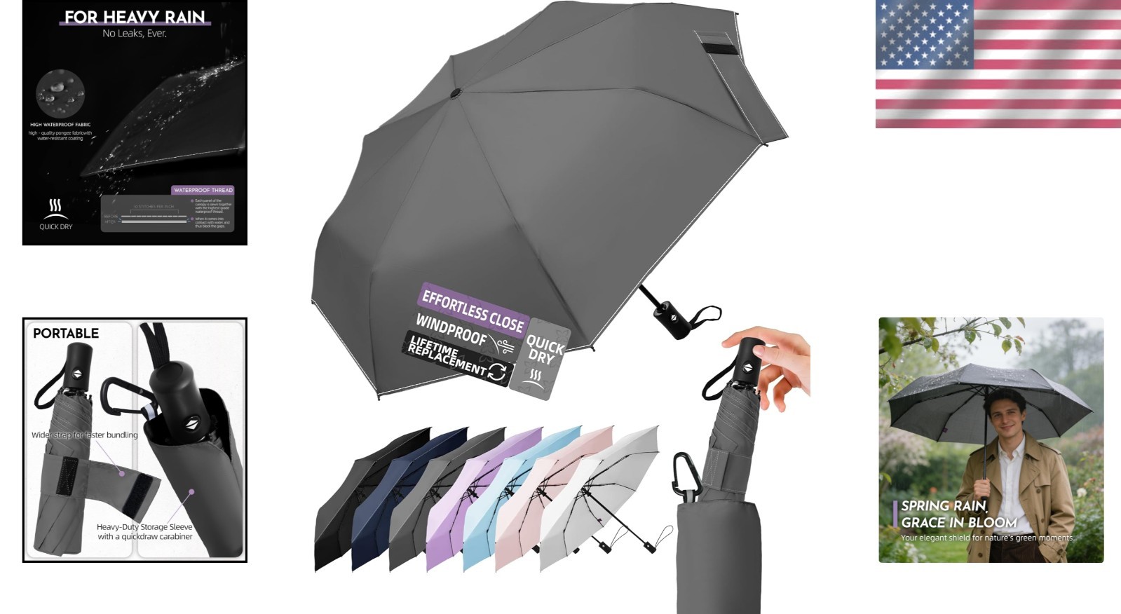 Compact Travel Windproof Umbrella, 43" Auto open/close Folding Quick Dry Umbrell
