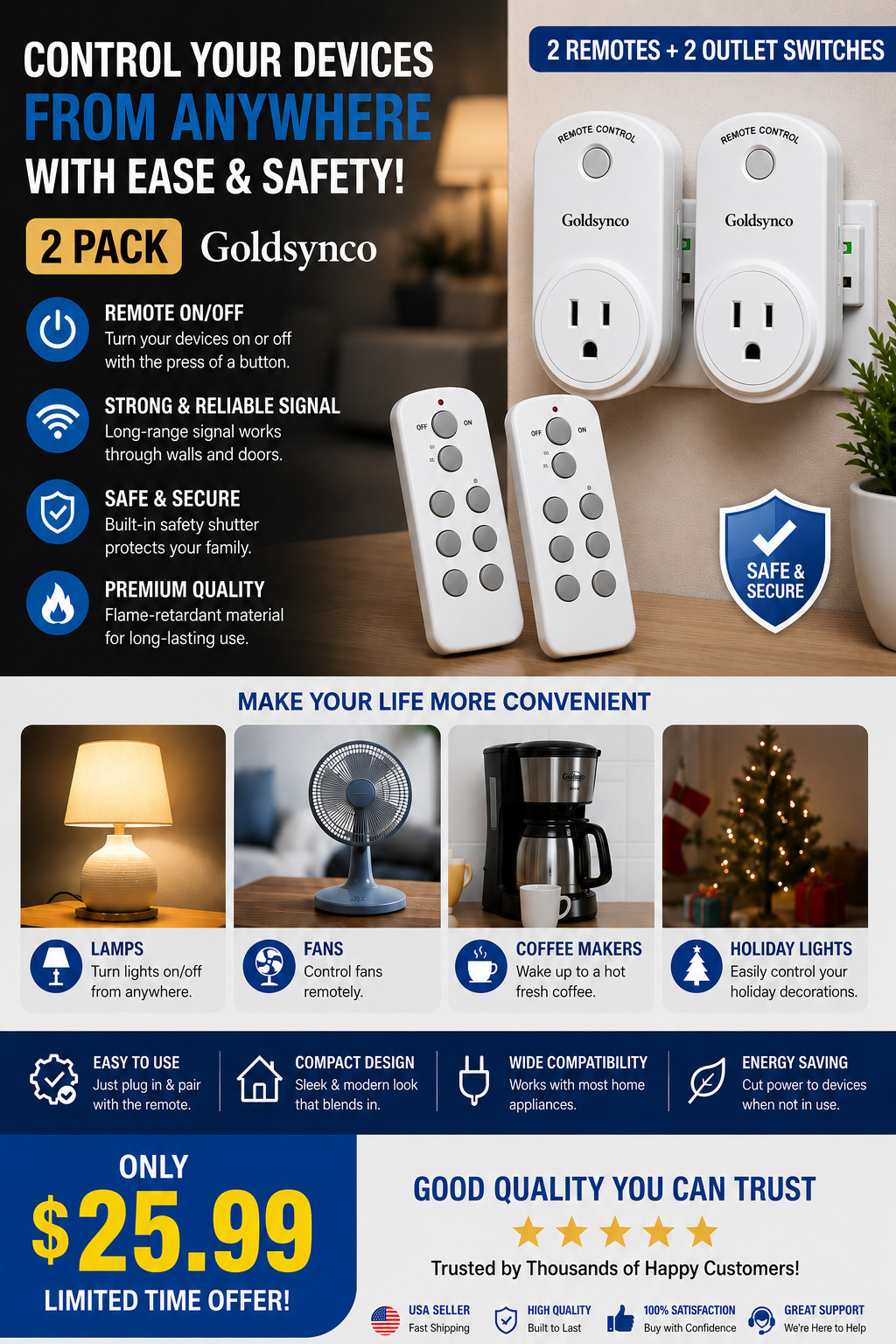 2 pack Long Range Wireless Remote Plug  Safe for Home and Outdoor Work (100m)